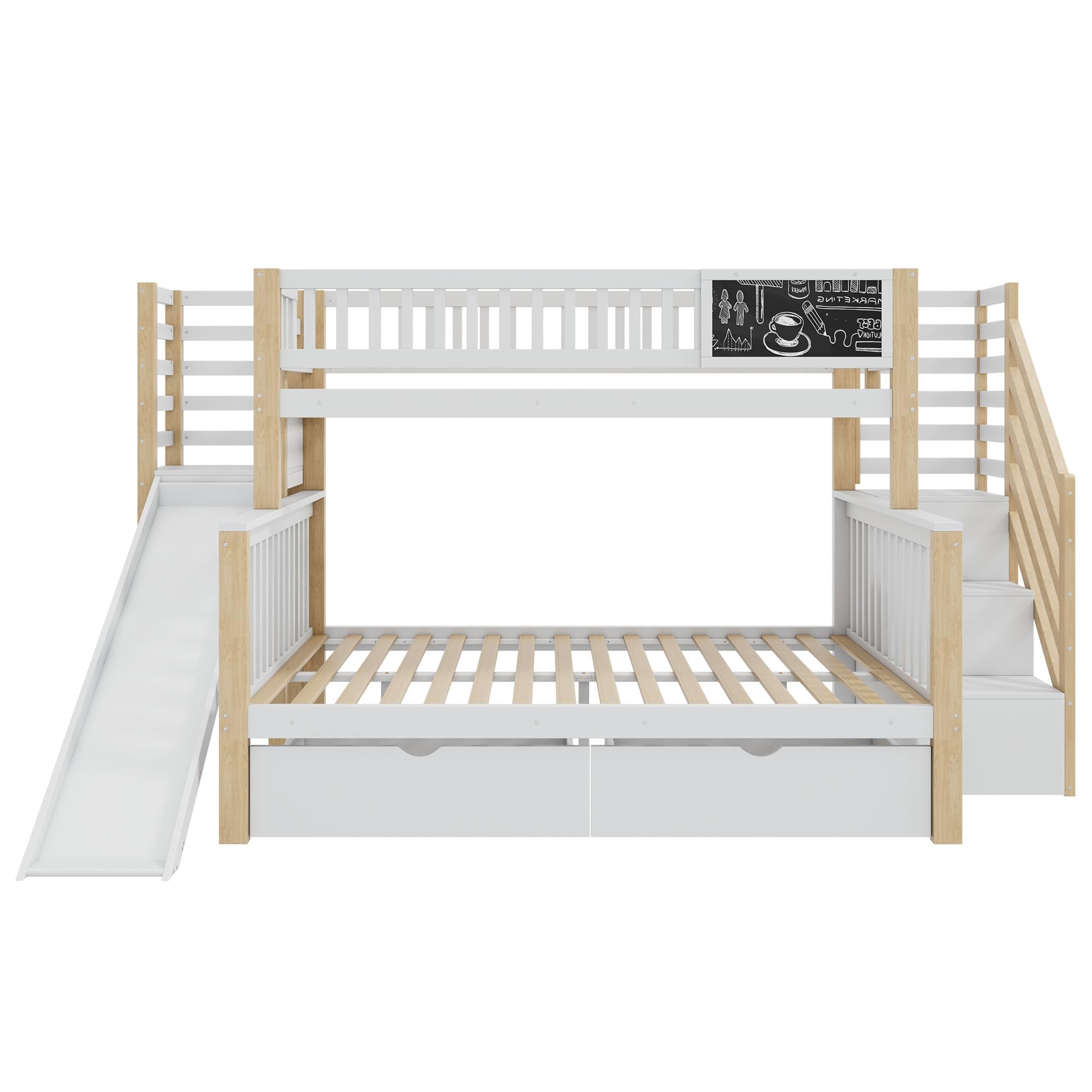 Azkoeesy Letto a Castello per Bambini con Scivolo, scala portaoggetti, 2 cassetti e lavagnetta, design modulare, parapetto sicurezza e doghe, struttura in pino, bianco e naturale, 140x200+90x200 cm