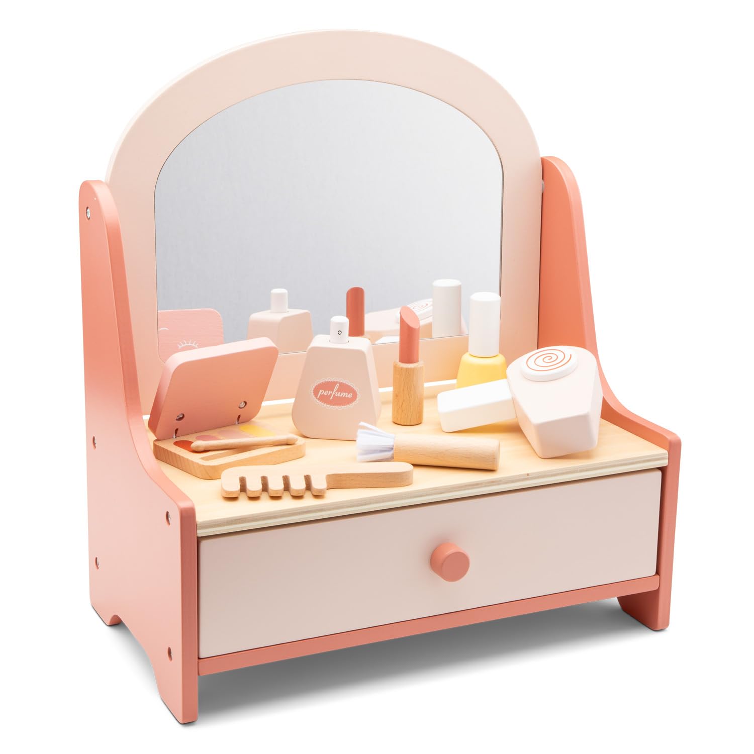 Woet Wooden Vanity Table for Kids Age 3+ – Pretend Play Beauty Set with Mirror & 7 Accessories – Toy Makeup Kit with Hairdryer, Lipstick & Comb – Fun Role Play Gift for Girls and Boys