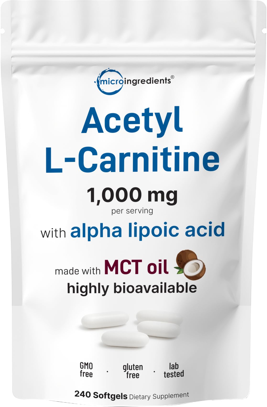 Micro Ingredients Acetyl L-Carnitine (ALCAR) 1,000 mg Per Serving, 240 Softgels | 2-in-1 Formula with Alpha Lipoic Acid | Made with MCT Oil