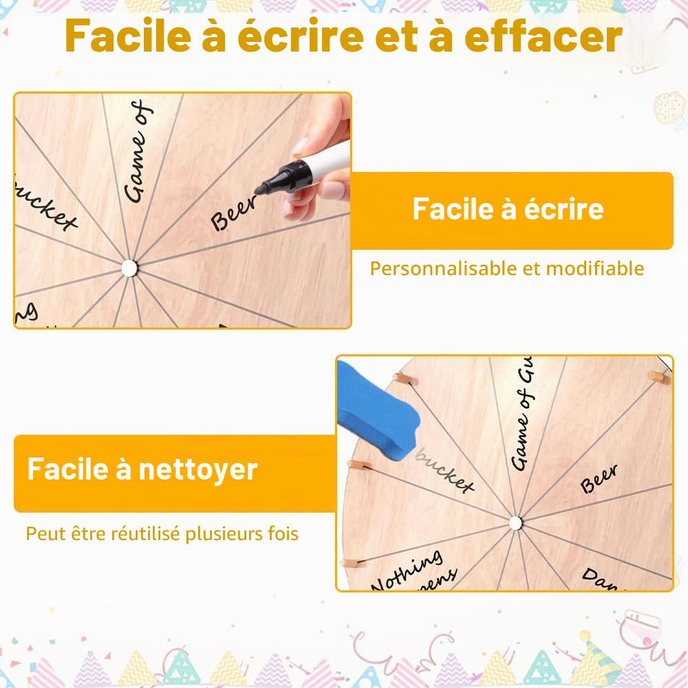 Roue de la Fortune, TGKYK 30cm 12 Slots Roue de Prix en Bois avec Gomme, Marqueur et Tournevis, Roue de la Chance, Kit de Roue de Récompense pour Mariages, Fêtes, Écoles (Couleur Bois)