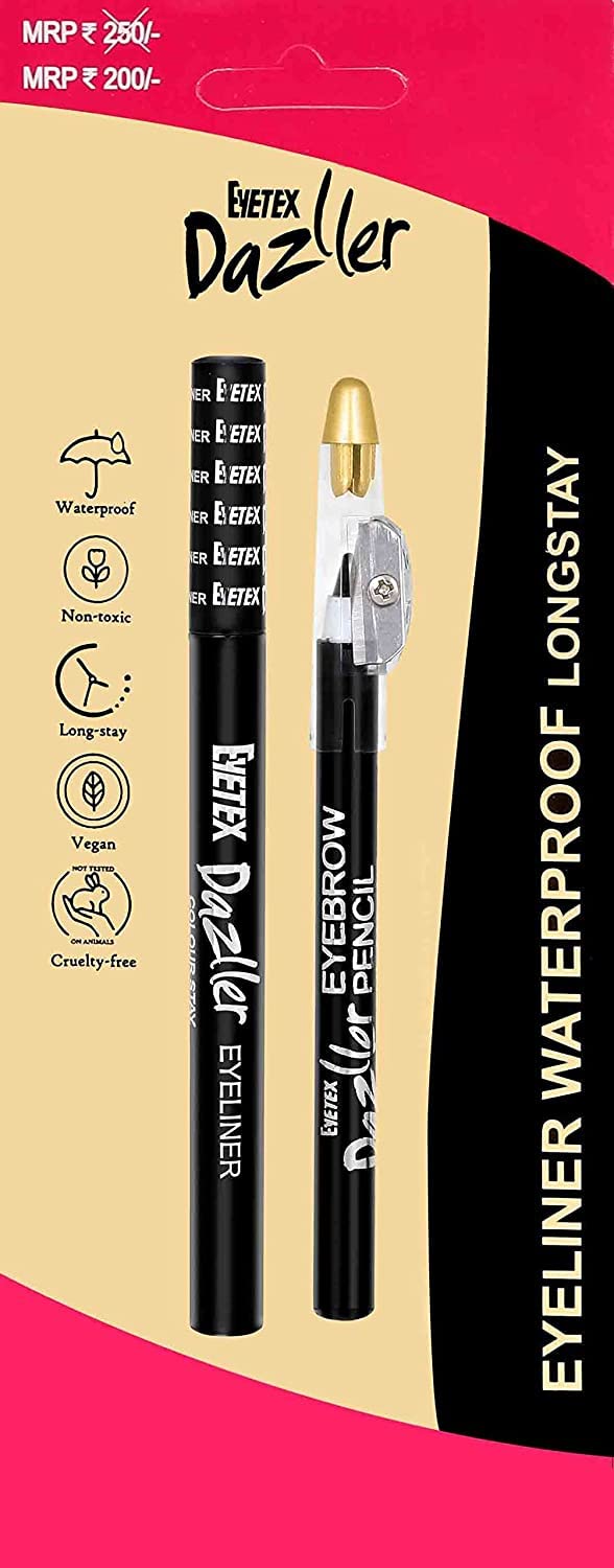 Eyetex Dazller Eye Combo Pack: Water-resistant Eyeliner (Black), 1.1g + Eyebrow Pencil (Black), 1.5g, Matte Finish