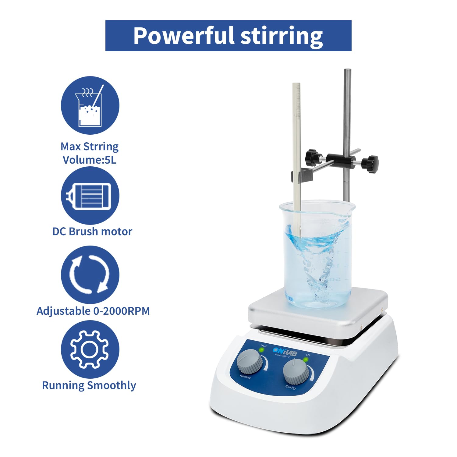 ONiLAB Magnetic Hotplate Stirrer, 380℃ Heating, 2000RPM, 5L | 5L stirring capacity with stirring bar and support stand included, Not Suitable for Accuracy Temp Control