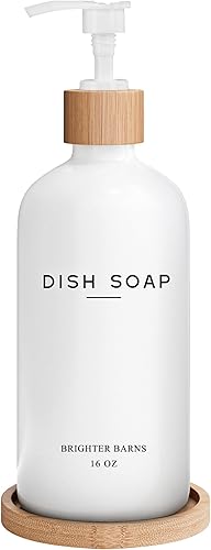 Brighter Barns - Dispensador de jabón para platos de vidrio blanco para fregadero de cocina, juego de dispensador de jabón de cocina con bandeja,