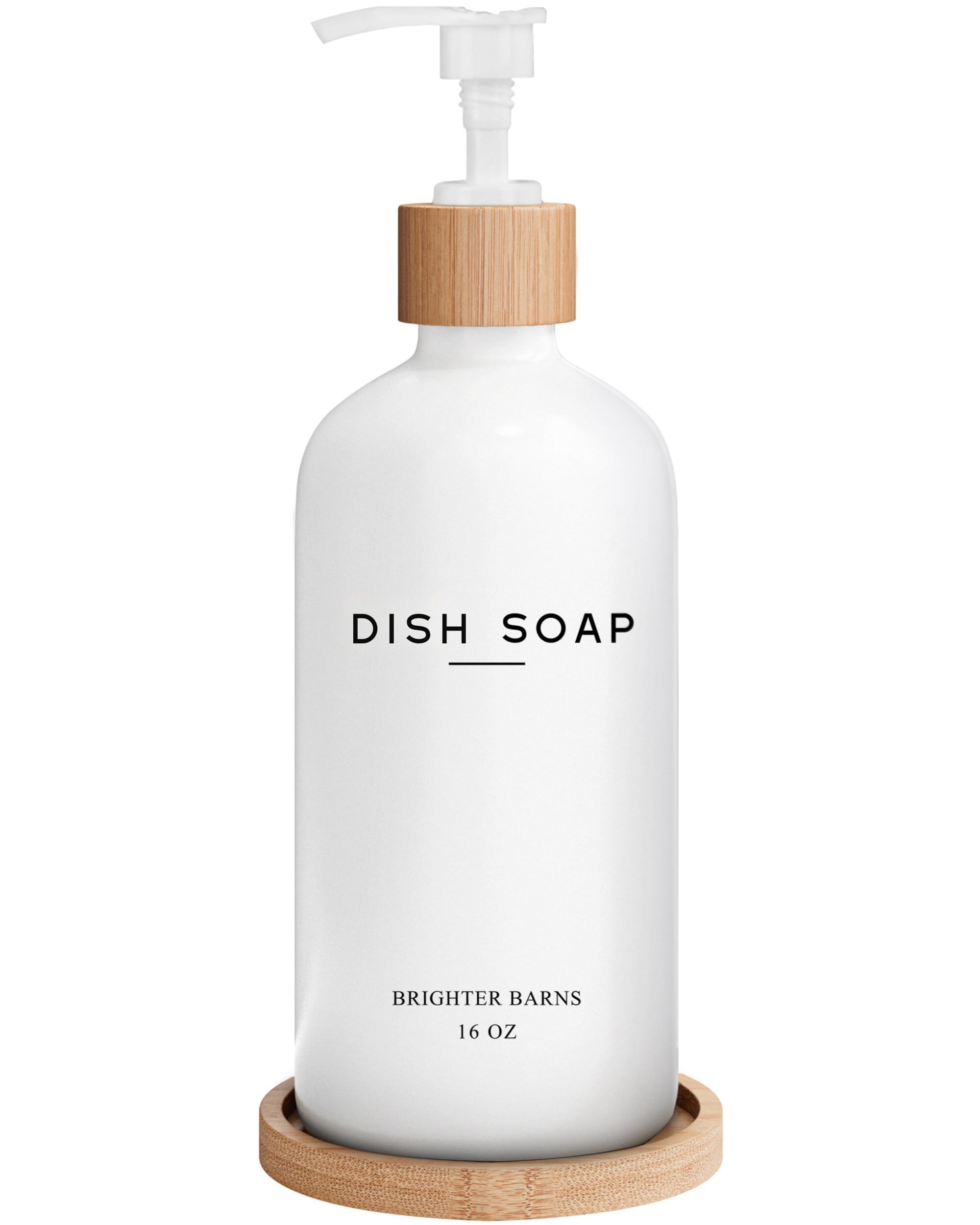 White Glass Dish Soap Dispenser for Kitchen Sink by Brighter Barns - Kitchen Soap Dispenser Set with Tray - Bamboo Pump Bottle - Neutral Minimalist