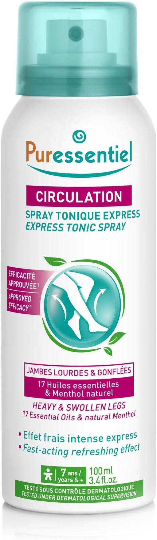 Puressentiel Cooling Spray for Heavy & Tired Legs 100 ml – Helps Support Circulation & Helps Reduce the Sensation of Swollen Legs, Ankles & Feet – Fast Absorbing Travel Spray – Suitable from 7+