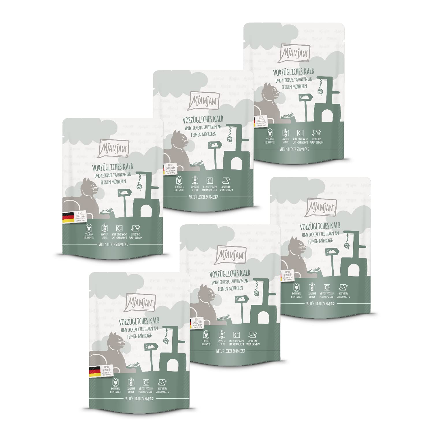 MjAMjAM - premium wet food for cats - Quetschie - excellent veal & turkey with delicious carrots, pack of 6 (6 x 300 g), grain-free with extra meat