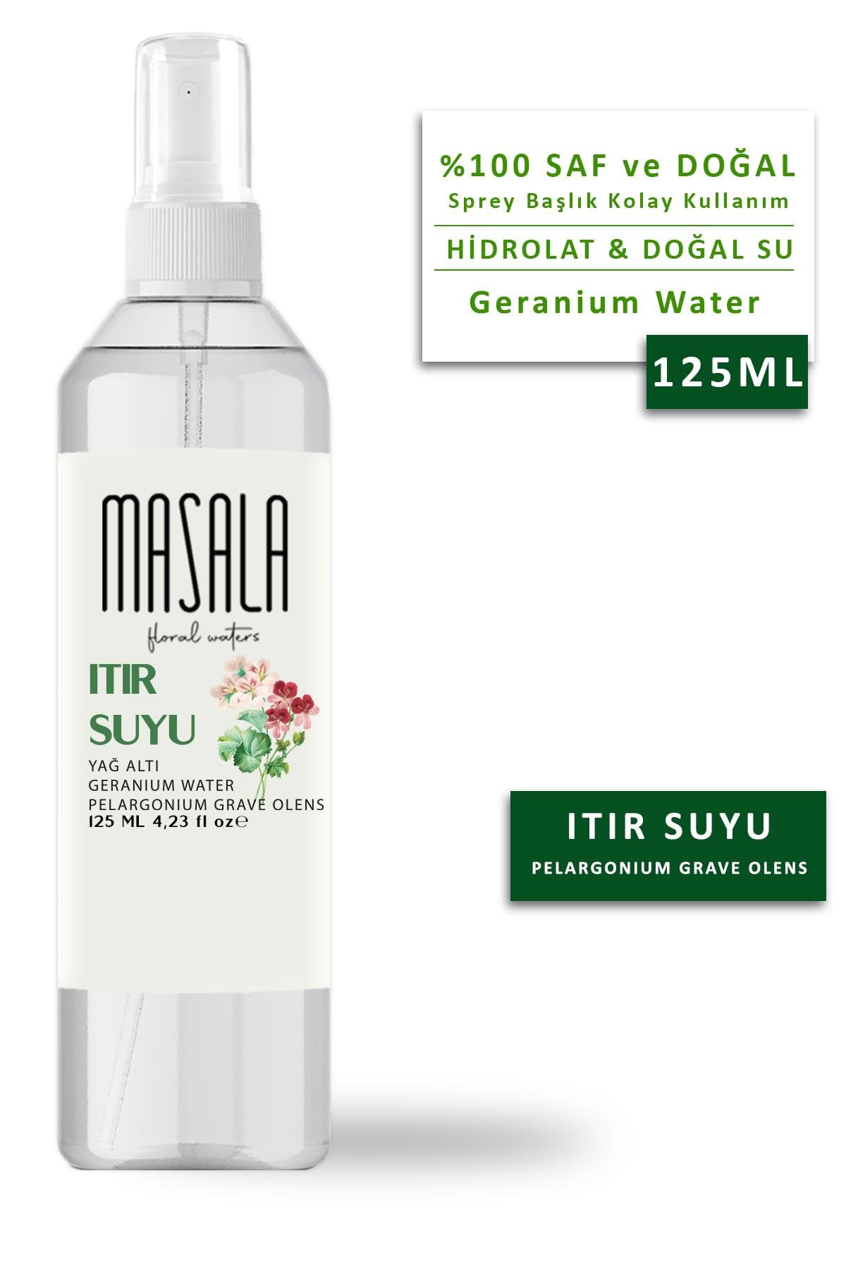 Masala 2 Adet Saf Itır Suyu (Sardunya) 125 ml%100 Doğal Yağlı Hidrosol - Tonik Geranium Floral Water Hydrosol Tonic