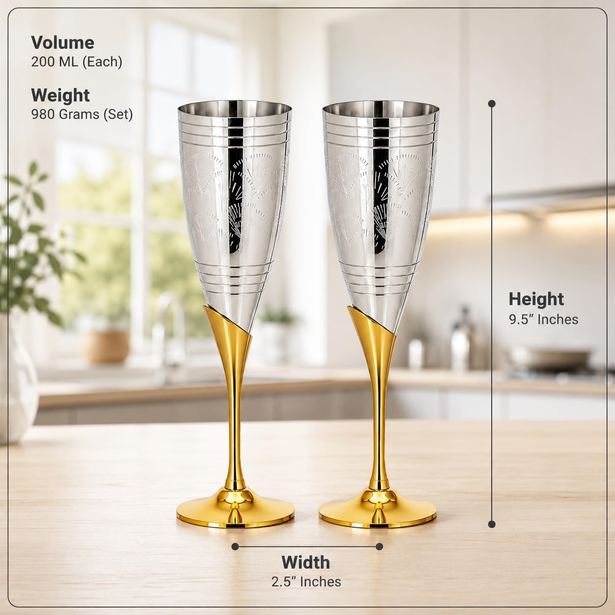 Crockery wala and company Siver Plated Champagne Flute Wine Glass for Parties - Set of 2 (Silver, 100 ml) 4
