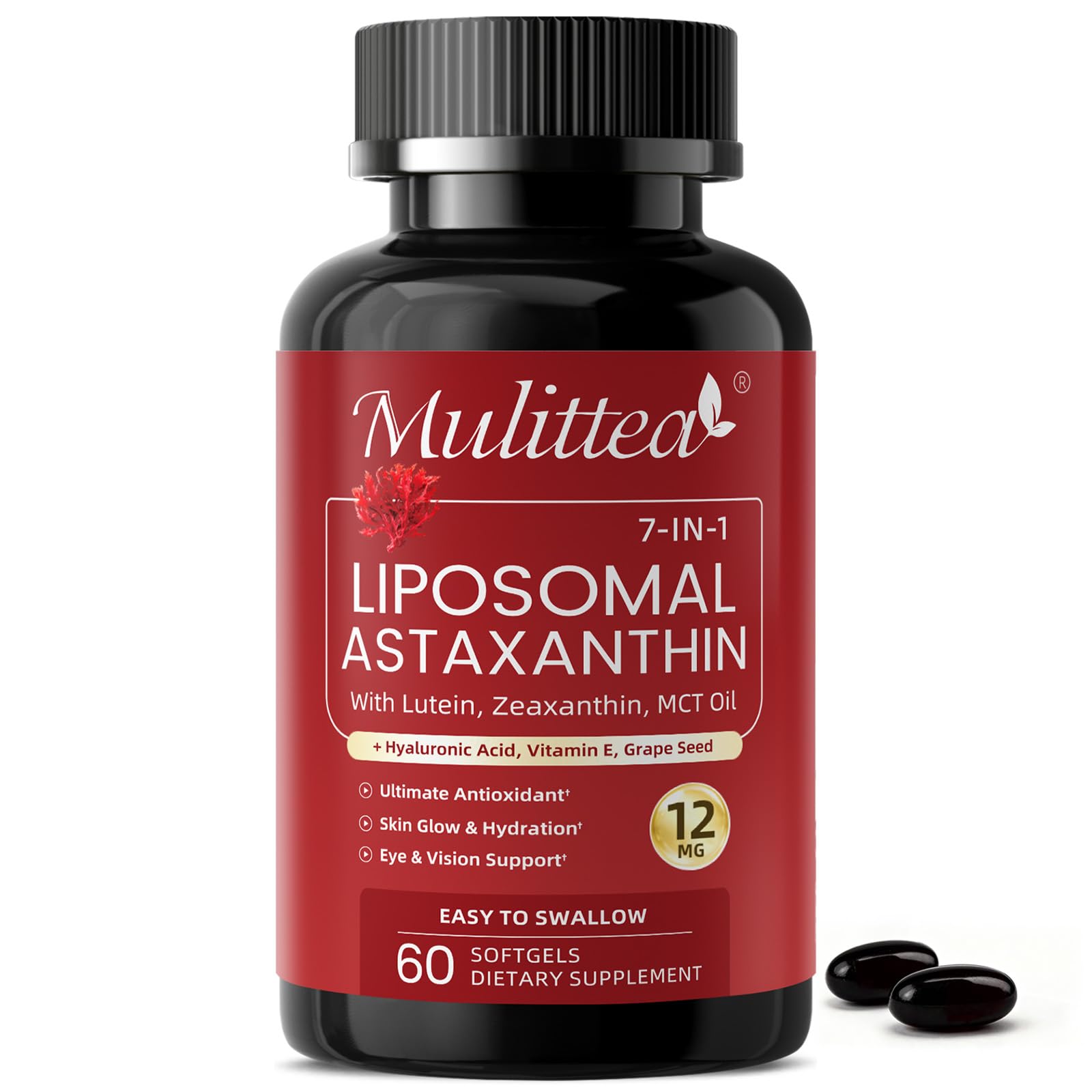 Liposomal Astaxanthin 12mg with Hyaluronic Acid & Lutein for Skin & Eye 60 Count (Pack of 1)