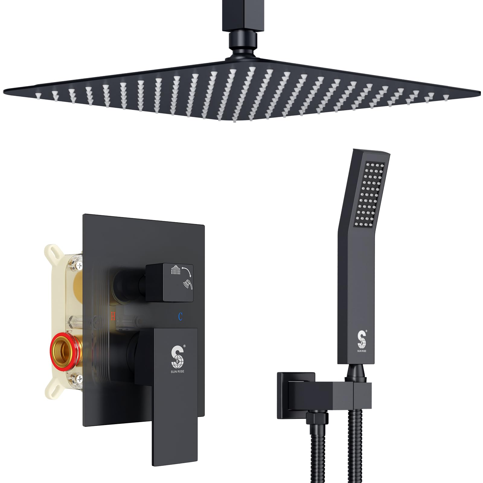 SR SUN RISE 12 Inch Ceiling Mount Matte Black Shower System