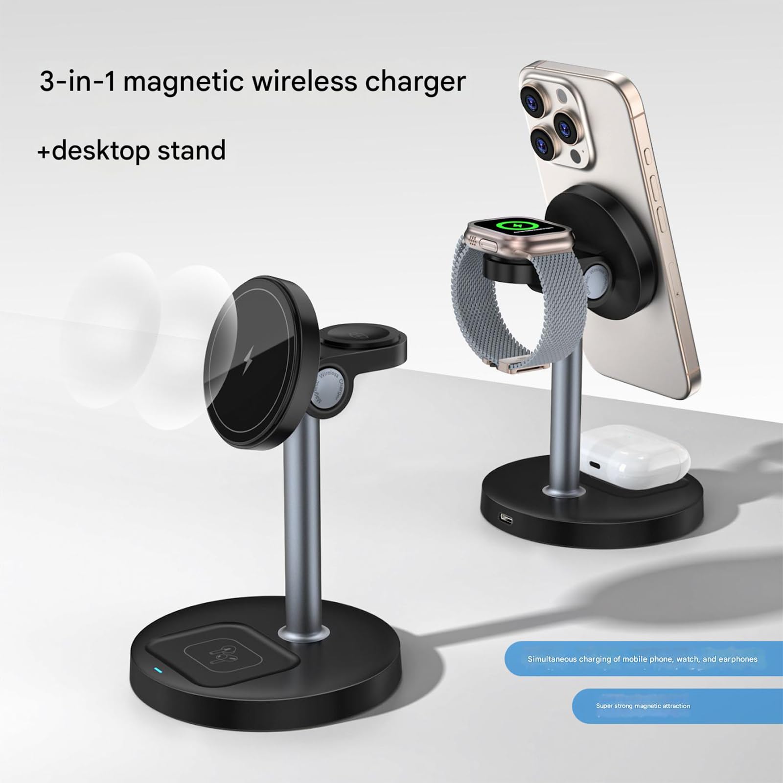 Stazione ricarica 3 in 1 Supporto magnetico da, White | Ricarica rapida per più dispositivi, dock ricarica magnetico, rilevamento oggetti estranei, smartwatch,
