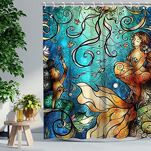 Livilan Mermaid Shower Curtain, Jellyfish Fabric Bathroom Curtains Set With Hooks Marine Ocean Animals Bathroom Decor Washable 72X72 Inches #TOP1