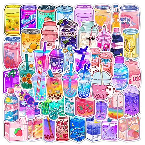 Kawaii Beverage Stickers 50Pcs Waterproof Trendy Drink Stickers for Water Bottle Laptop Skateboard Scrapbook Computer Guitar Cars,Vinyl Summer Aesthetic Cartoon Stickers Decals for Teens Kids Girls