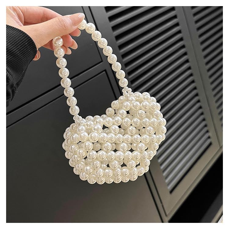 Heart White Beaded Pearl Handbag Purse Acrylic Beaded Handbag Mini Wrislet Clutch Elegant Evening Bag for Party Wedding2