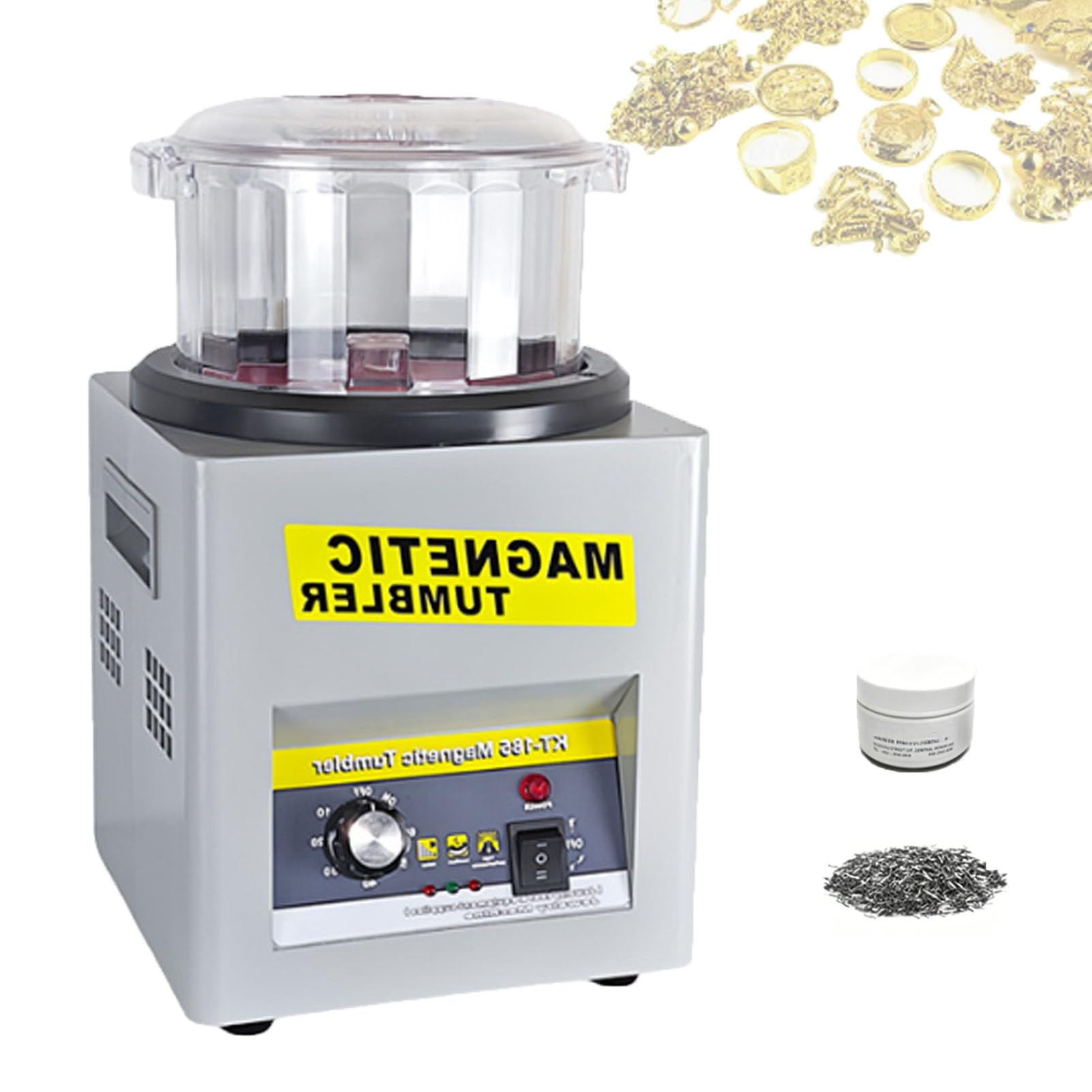 Zowdrix Magnetic Tumbler Polisher, 180mm Polishing Barrel, Bidirectional Rotation, 1-60 Min Timing, 1.3 lbs Capacity for Jewelry, Coins, and Small Metal Deburring