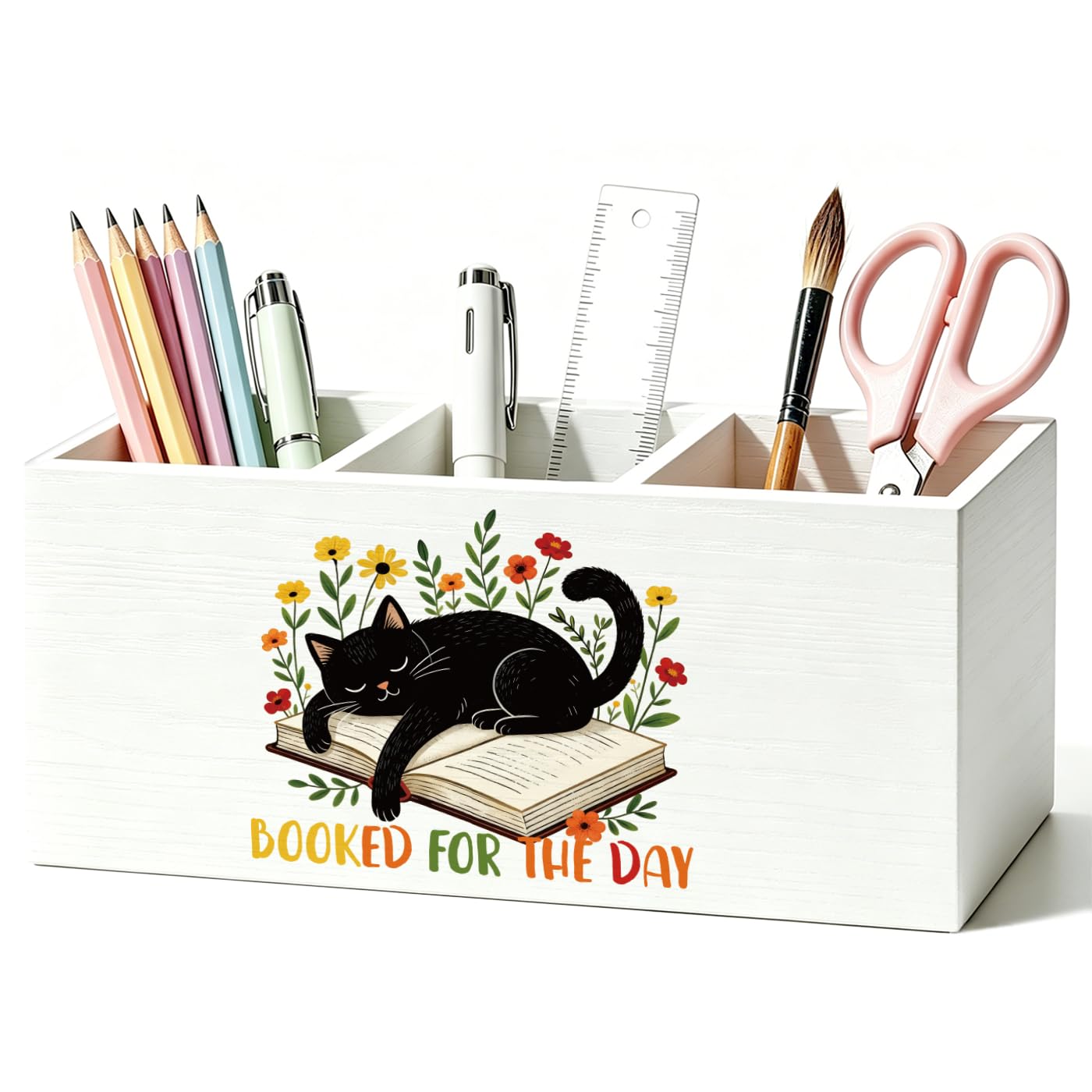 MAYJOYDIY Portapenne in legno Gatto Nero 3 scomparti Organizzatore di matite in legno 20 x 9 x 6,5 cm Conservazione per libri fiori pennelli da trucco per ufficio camera da letto dormitorio