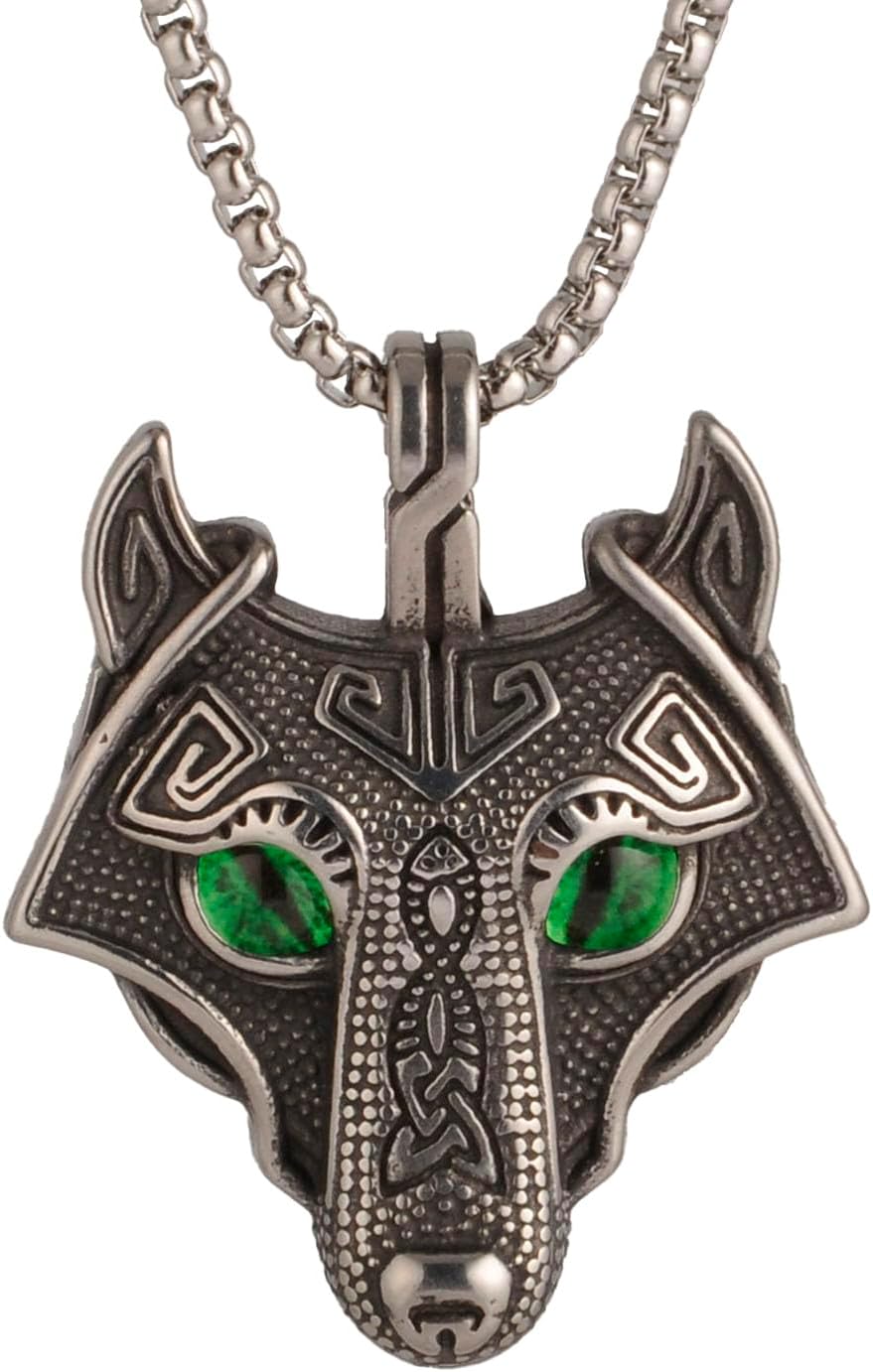 Men'S Gothic Punk Hip-Hop Rock Viking Horde Wolf Pendant Necklace,Set With Green Resin Beads, 316L Stainless Steel, Silver Stainless Steel Square Pearl Chain, Retro Talisman Jewelry