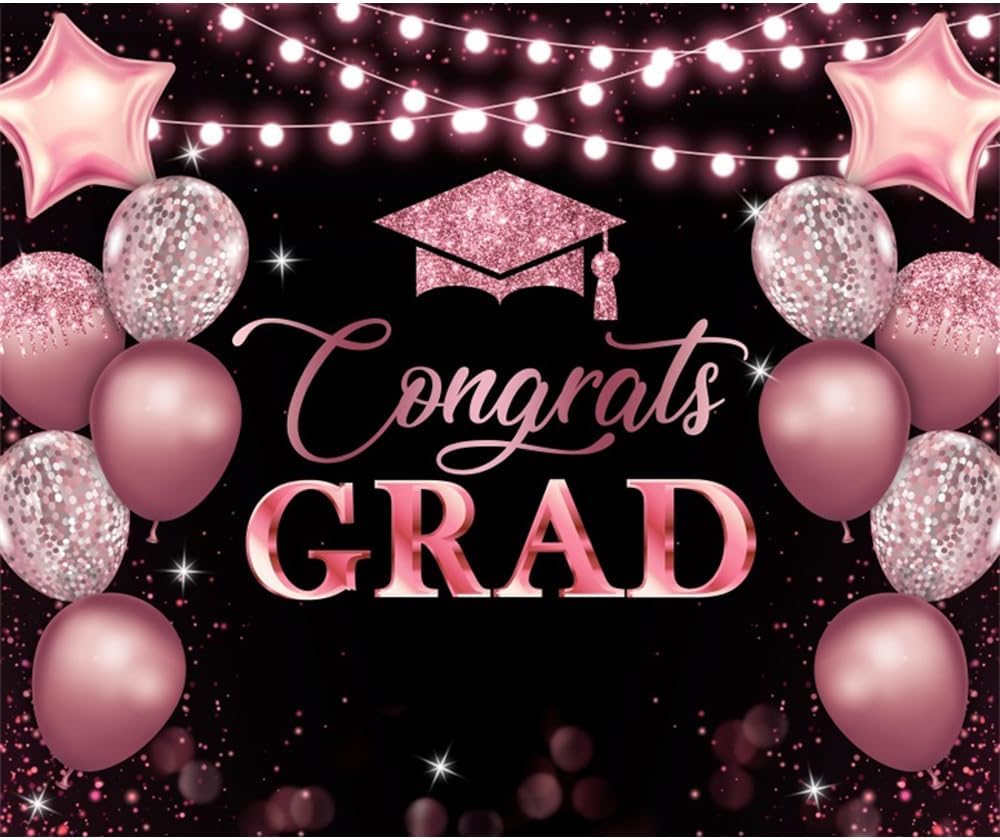 10x8ft Graduation Backdrop Black and Rose Gold Congrats Grad Photo Background for Photography 2026 Congratulations Graduates Party Decorations Large Banner Studio Photo Booth Props