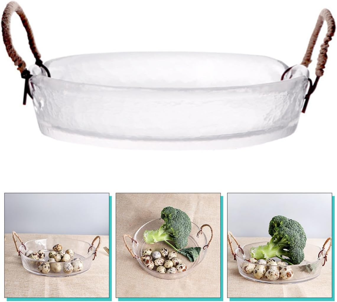 Binaural Handle Glass Salad Bowl, Creative Hammered Texture Double Ear Serving Dish, Food Display Bowl for Kitchen and Dining