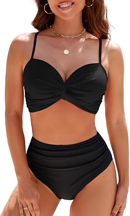 SEAFORM Womens Bikini Sets Two Piece Tummy Control Swimsuit High Waist V-Neck Beachwear Twist Front Straps Bathing Suits