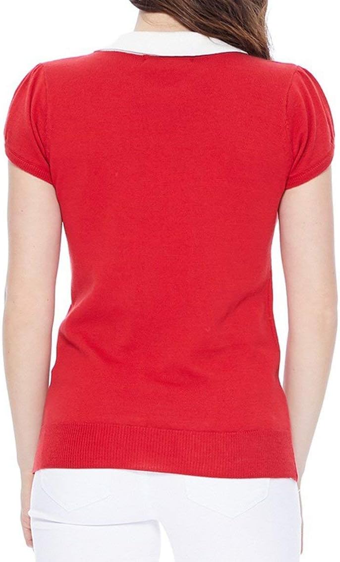 YEMAK Women's Knit Sweater Top – Short Sleeve Contrast Collar Puff Shoulder Classic Casual Knitted Soft T Shirt Pullover - Image 5