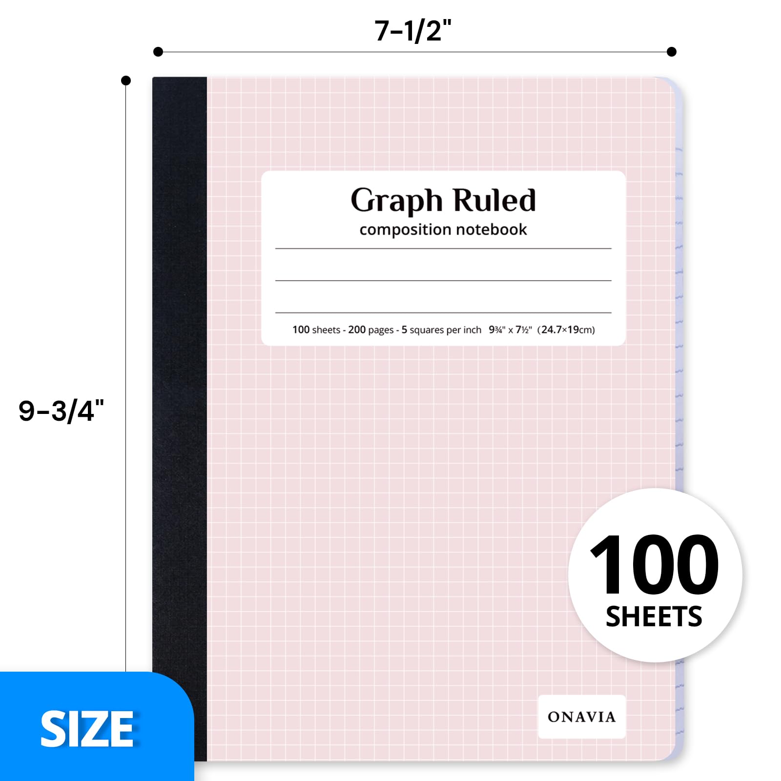 ONAVIA Quaderno a righe per composizione grafica, confezione da 12, 100 fogli, 4 × 4 quad, a righe, per aula, matematica, ingegneria, grafici, materiale scolastico, nero
