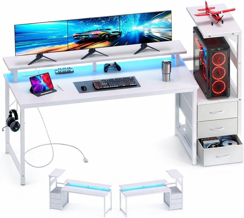 Gaming Desk with LED Lights and USB Ports, 52-59 Inch Computer Desk with Drawers and Monitor Stand, Engineered Wood, Black, Modern Style (Black, 52IN)