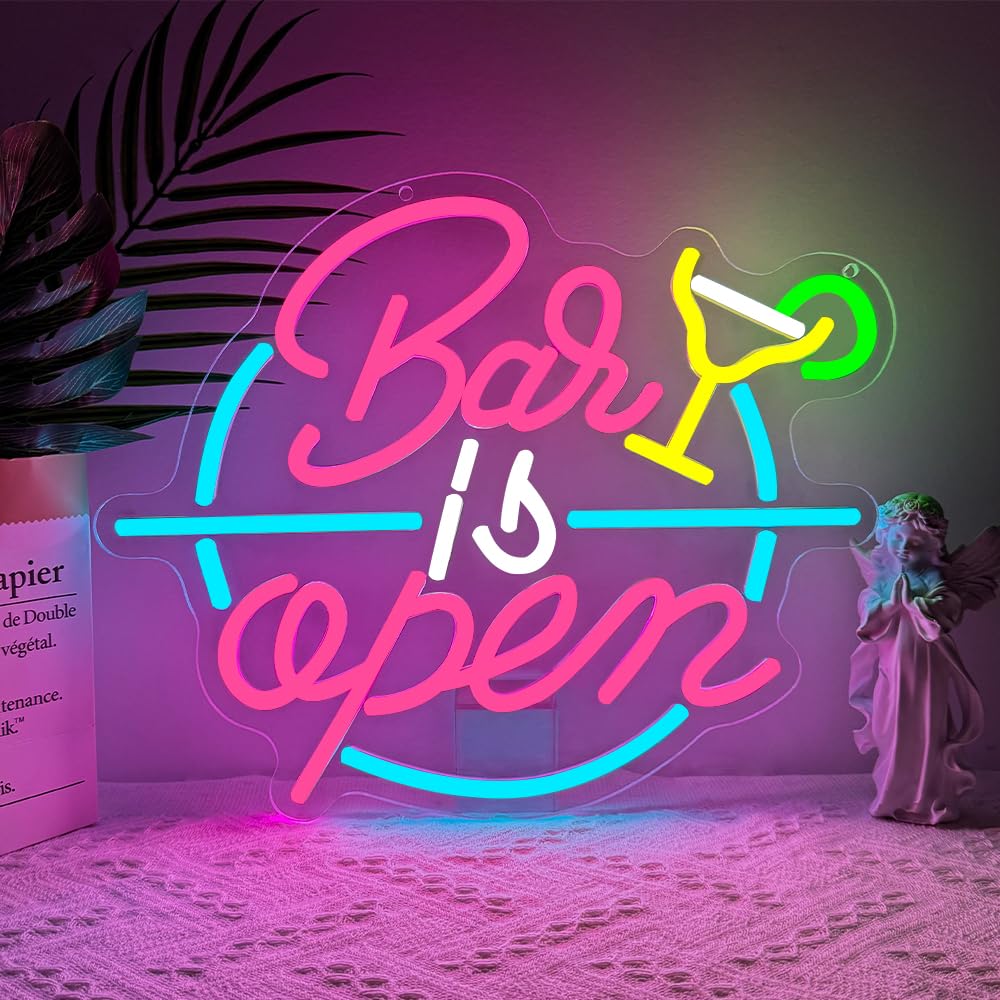 Bar is Open Neon LED Room Decor,Cocktail Insegna Neon per Bar Nightclub Party Garage Man Cave Gaming Room Sala Giochi Camera da Letto,Cocktail Scritte LED Regalo Colorati per Uomini Donne （13"*12.7"）