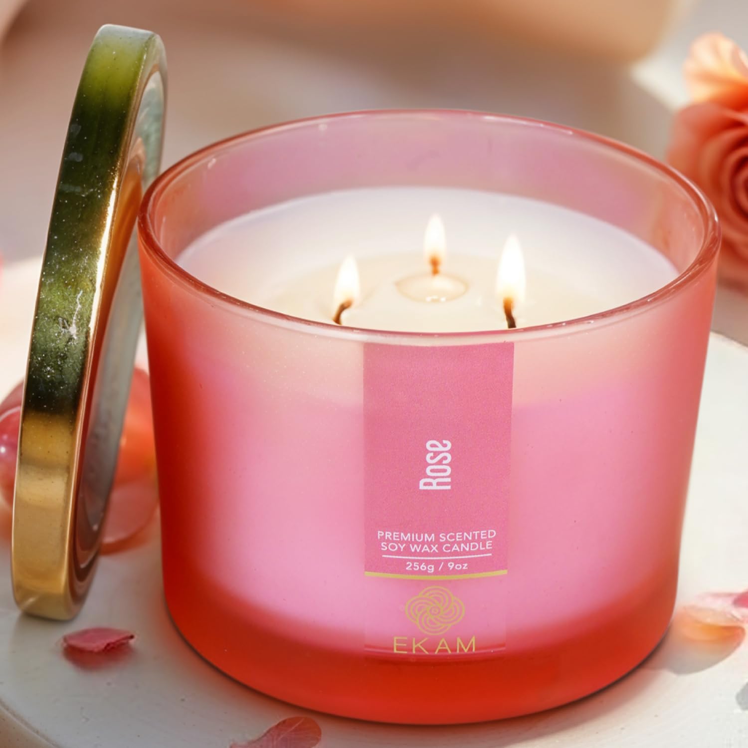 EKAM 3 Wick Soy Wax Scented Candle | Rose Fragrance | 35 Hr Burn | Long Lasting Premium Jar Candle for Home Decor, Relaxation & Gifting
