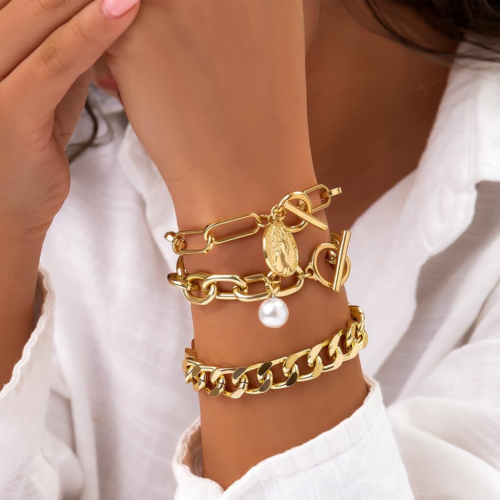 FUTIMELY Chunky Coin OT Bracelets,Charming Plated Gold Cuban Link Stackable Bracelet Set,Aesthetic Pearl Portrait Pendant Toggle Statement Bangle for Women - Image 3
