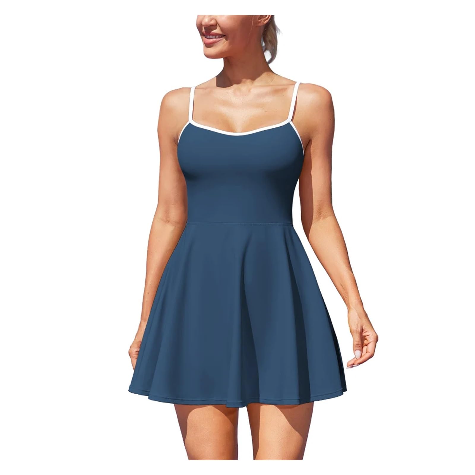 Vestido de tenis for mujer con almohadillas extraíbles, tirantes finos ajustables, escote corazón, 2 bolsillos laterales dobles, ropa de Golf Creado Para El ENTRENAMIENTO y el GOLF(Dark blue,XS)
