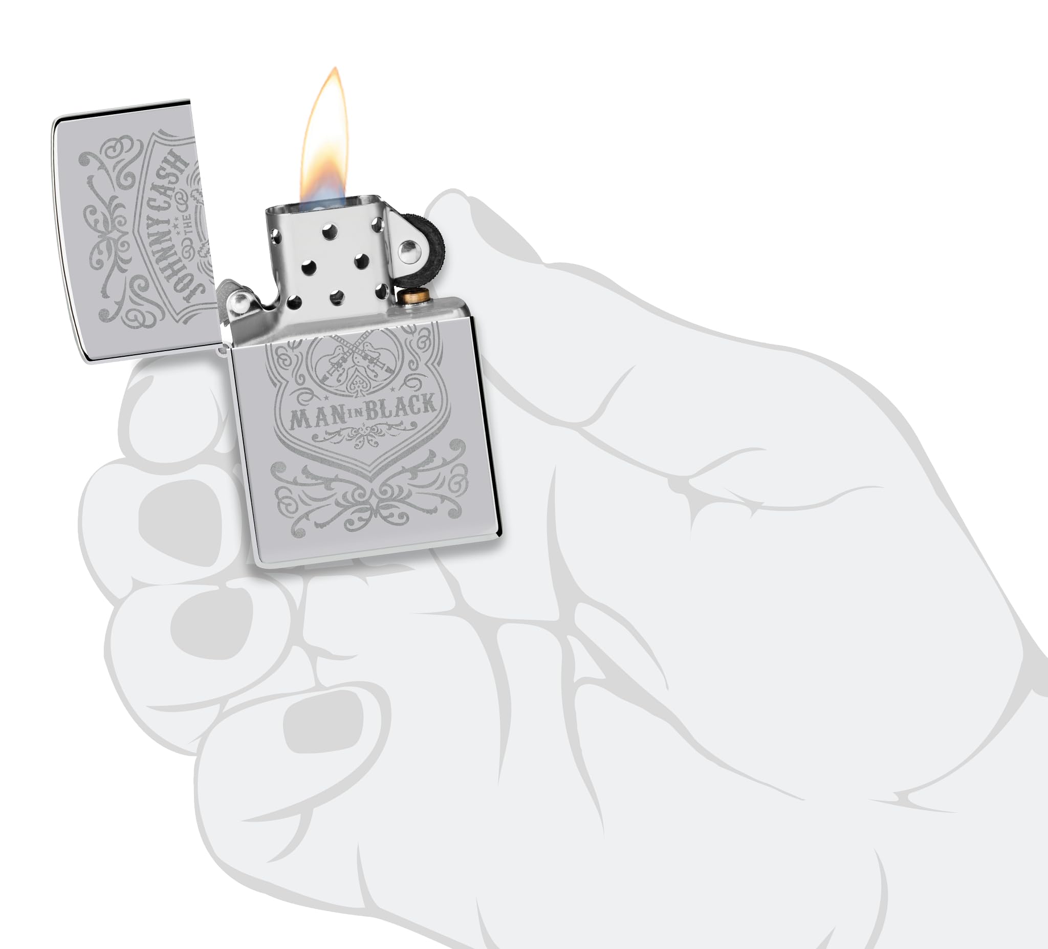 Zippo Sturmfeuerzeug Johnny Cash High Polish Chrome Nachfüllbar Windfestes Design Geschenkbox Made in USA