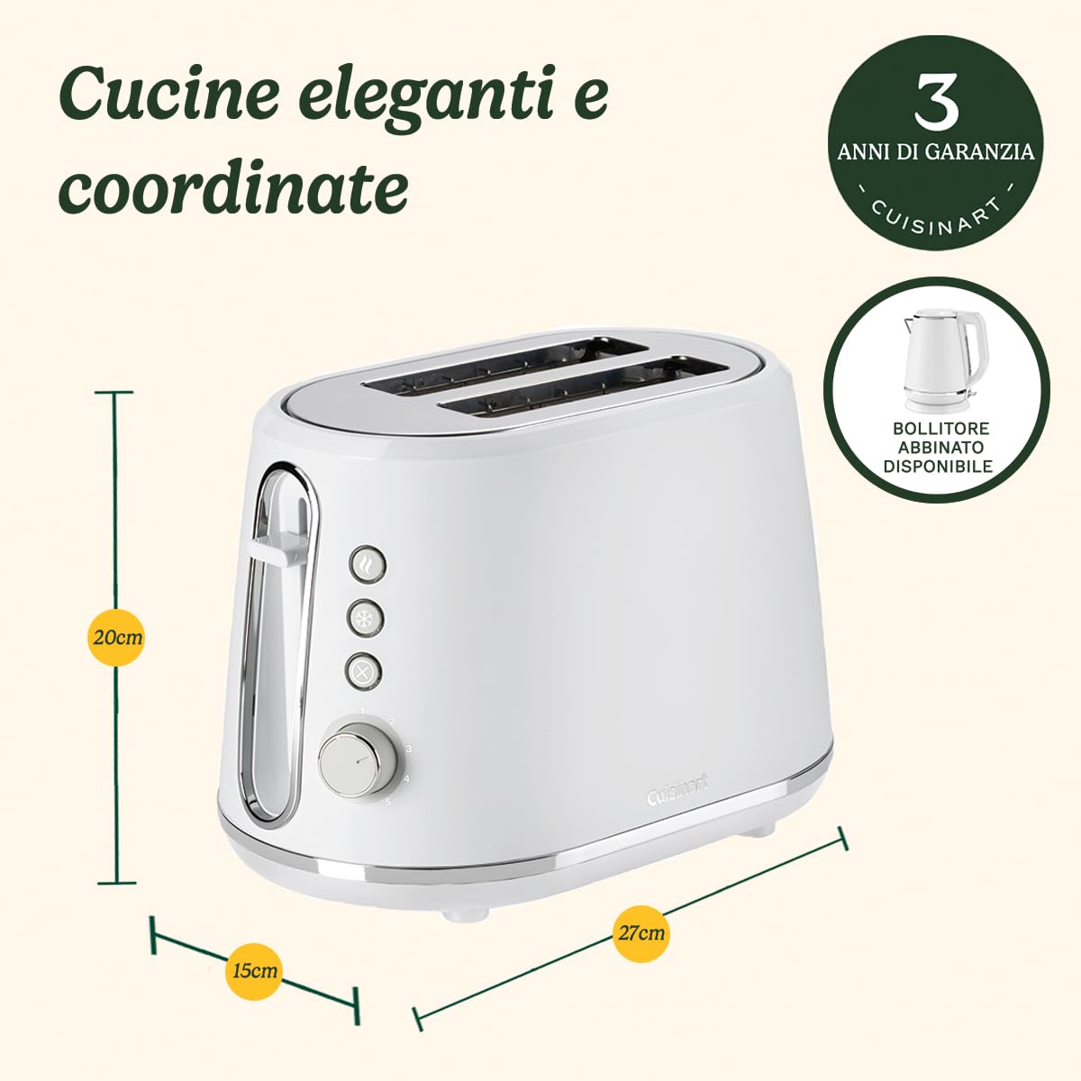 Cuisinart Tostapane a 2 fette | Fessure larghe, ideali per pane spesso e bagel | Leva di sollevamento alta | 7 livelli di doratura più scongelamento | Bollitore abbinato disponibile | Bianco