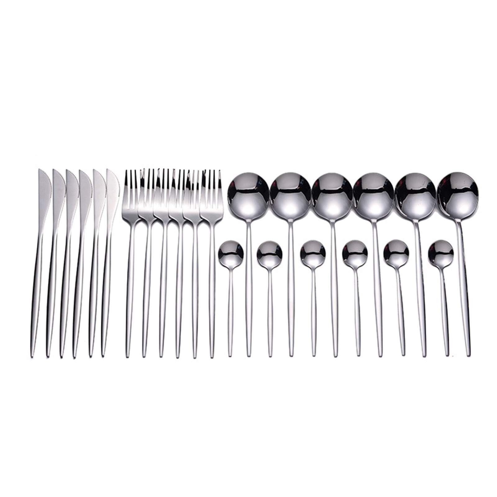 Tablewellware Whitware Rose Gold Cubertery Set Cubiertos de acero inoxidable para bodas 24 PC Tenedor Cuchara Cuchara Cuchillo Setwearet (Color : Silver 24 pcs)