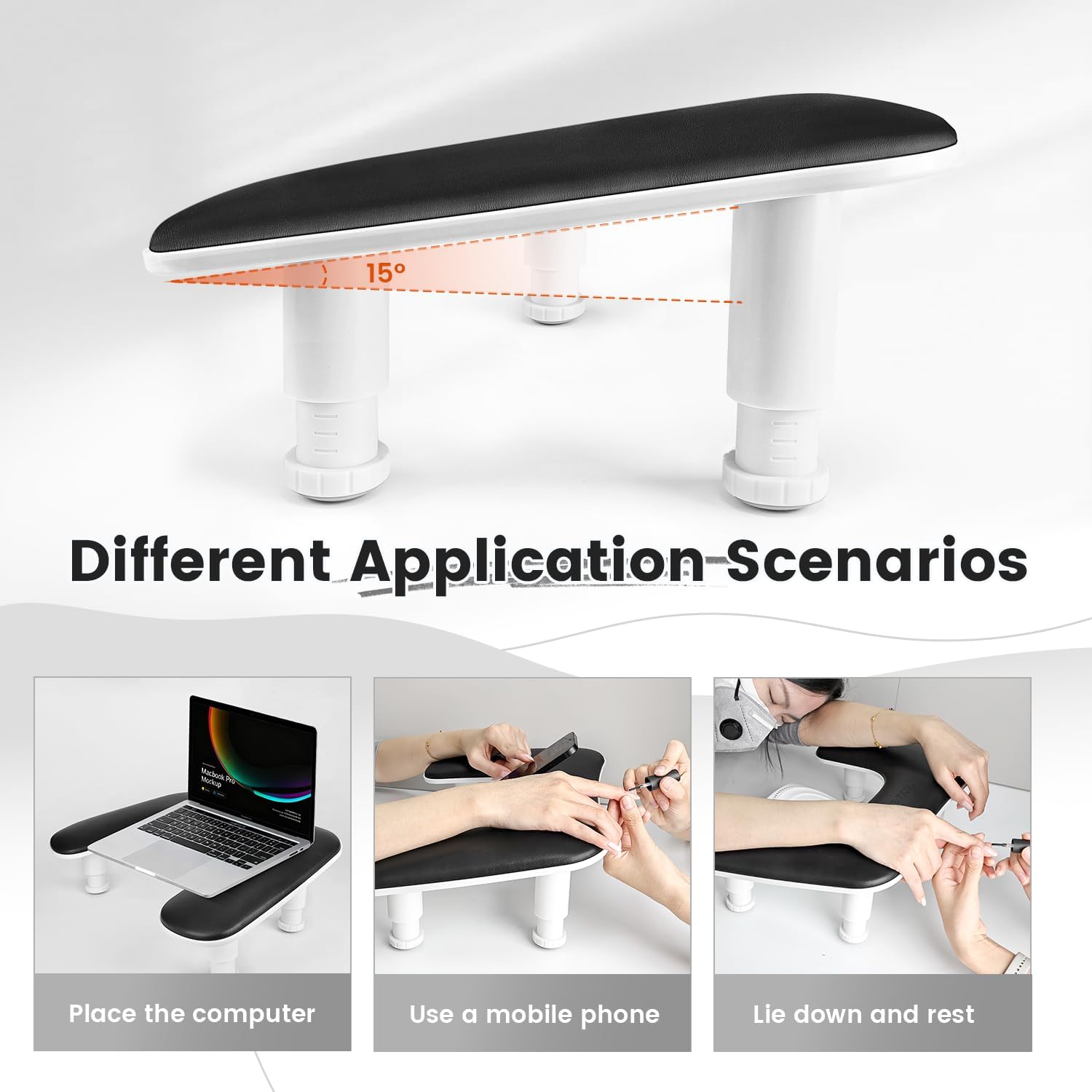 JODSONE Accoudoir noir en forme de U pour technicien des ongles avec support de téléphone portable intégré rotatif à 360° et accoudoir réglable pour manucure en salon