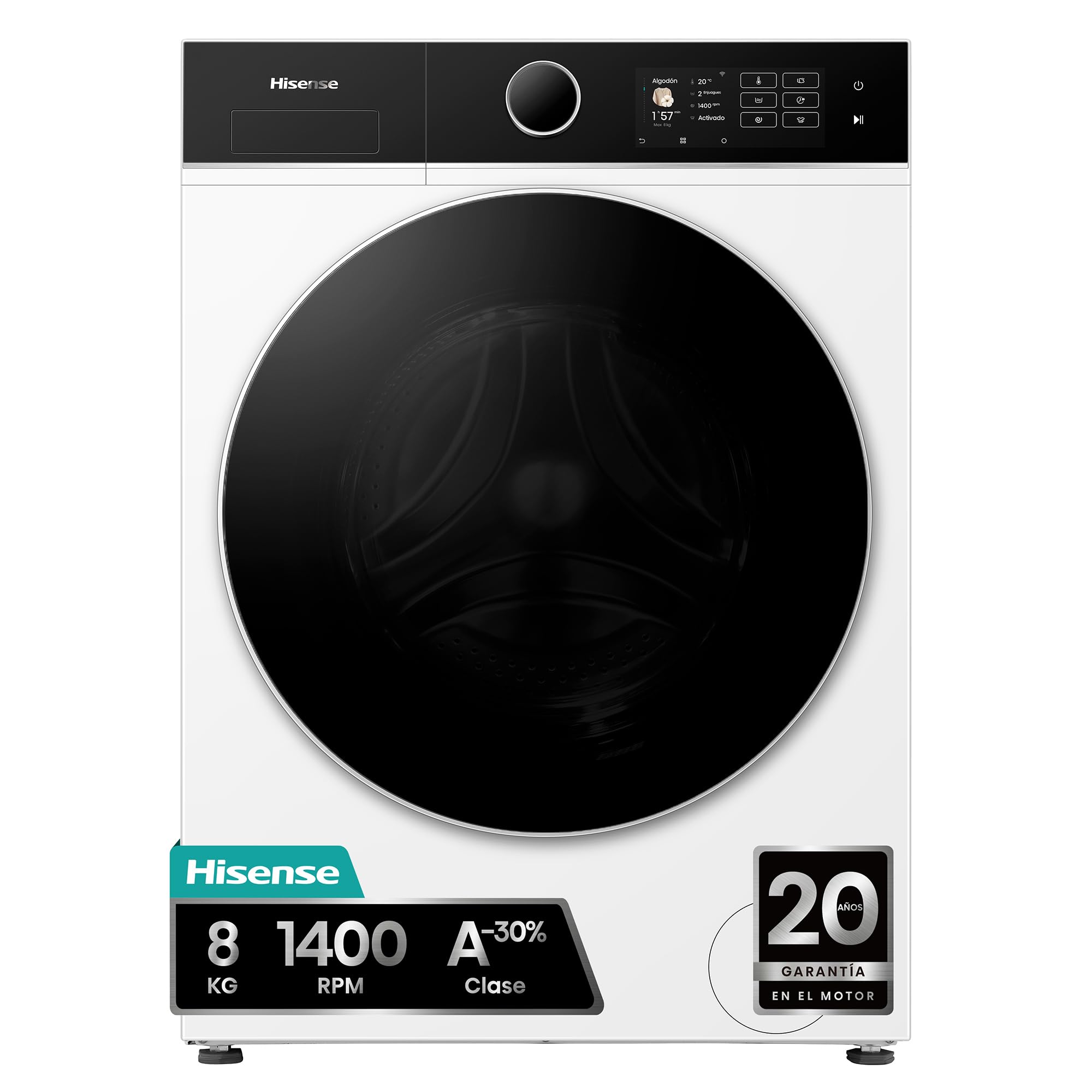 Hisense WF5I8043BWF - Lavadora 8 Kg, Clase A-30%, 1400 rpm, puerta cristal, fondo reducido 47cm, ancho 59,5cm, alto 84,5cm, color Blanco