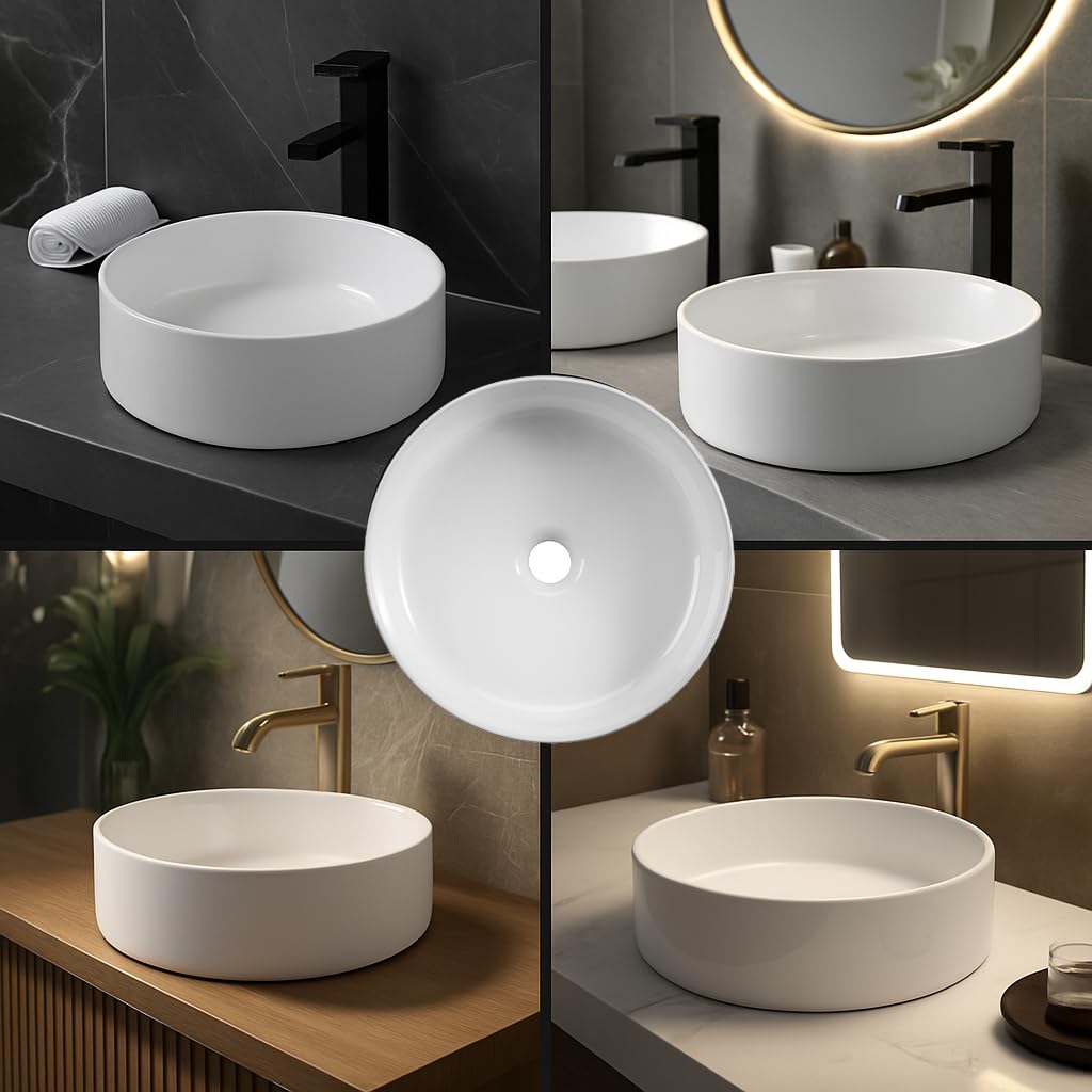 Lavabo redondo de cerámica – Lavabo de diseño elegante y moderno – Elegancia moderna y acabado de lujo – Durable y fácil de mantener – 46 cm