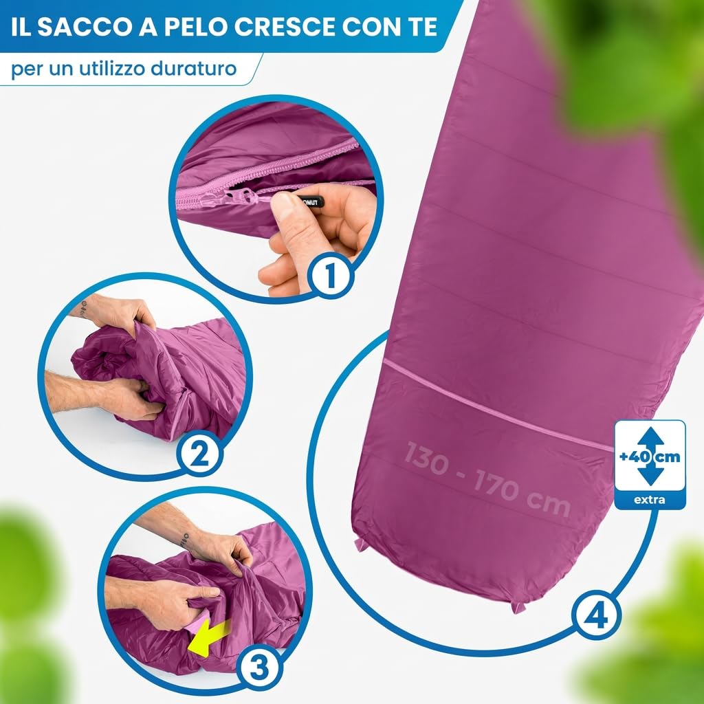 NORDMUT® Sacco a pelo bambini – Cresce con il bambino per protezione –per bambini in materiali non tossici – Sacco a pelo 3 stagioni (200 GSM) per avventure outdoor