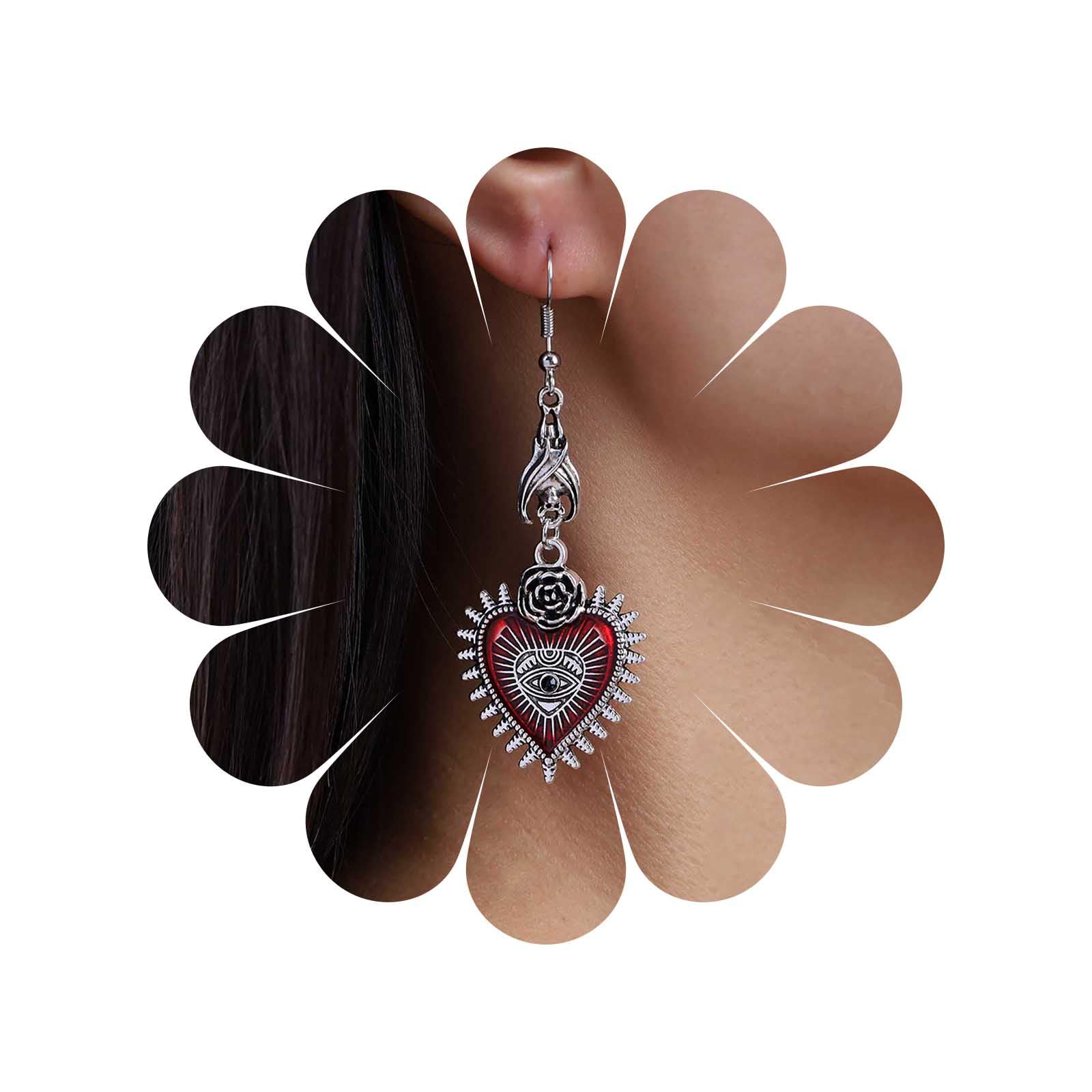 Orecchini Pendenti Gotici A Forma Di Cuore E Pipistrello, Rossi E Argento. Design Unico, Chiusura A Gancio. Perfetti Per Halloween, Regalo O Per Uno Stile Dark. Nuovi.