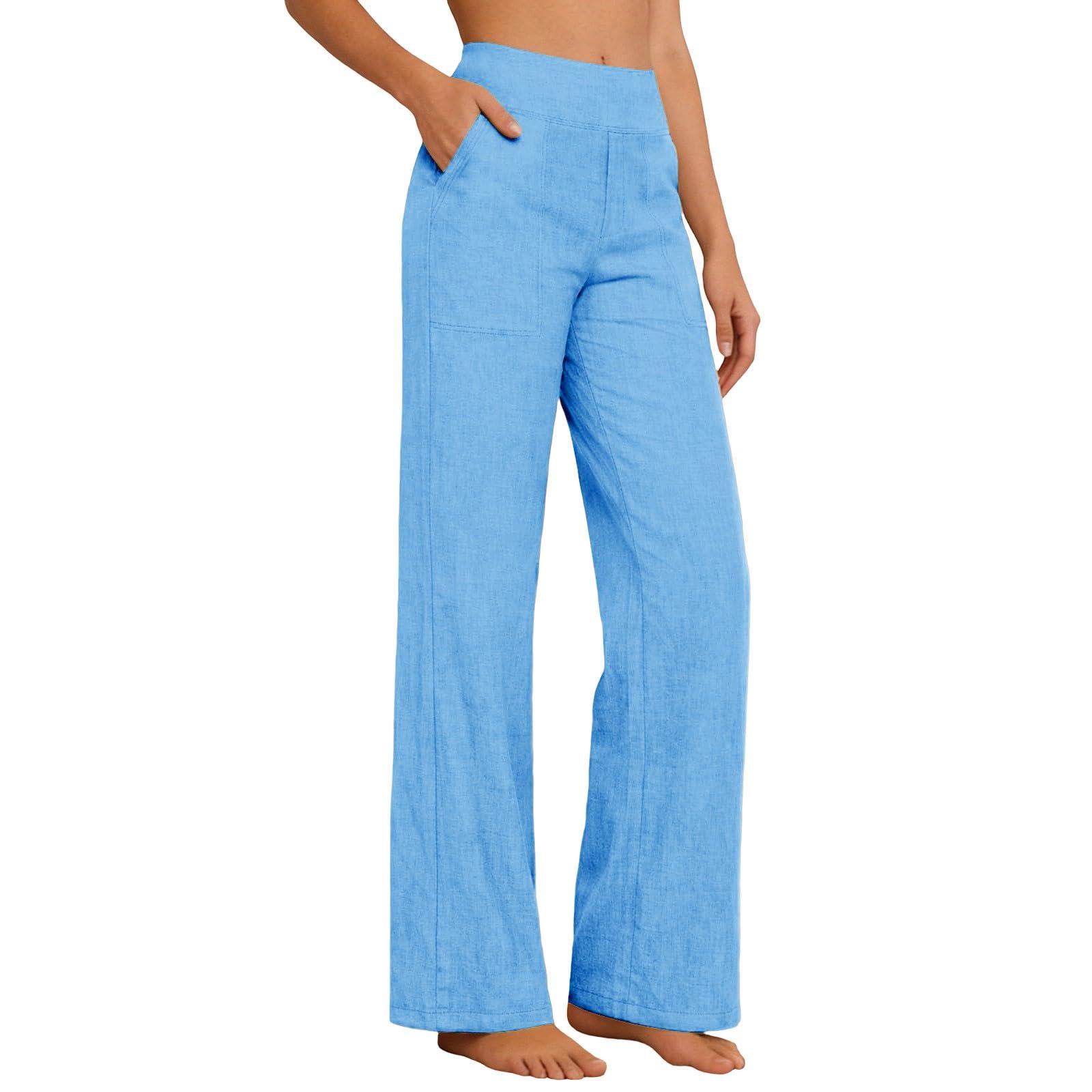 Pantalones de lino para mujer, pantalones de verano altos, ligeros, pantalones de verano, elegantes, para vacaciones, playa, pierna ancha, pantalones de algodón y lino, pantalones sueltos de