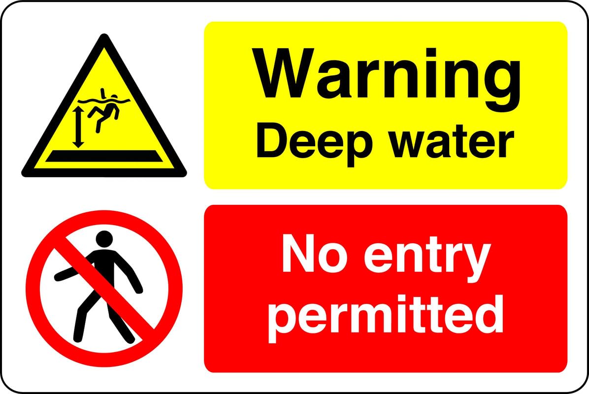 Warning deep water no entry permitted - no swimming, no diving, deep water, slippery - High tack self-adhesive sticker (400mm x 300mm) Viewing Distance within 14m.