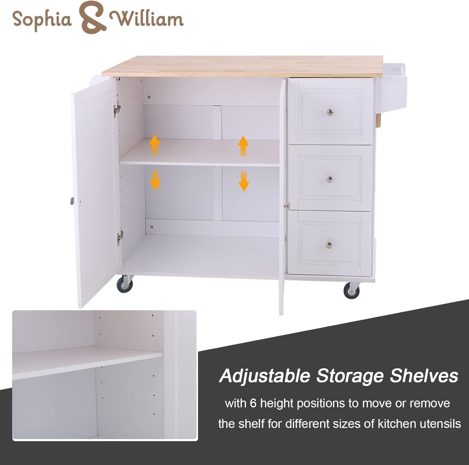 Sophia & William Kitchen Island Cart on Wheels with Drop-Leaf and Rubber Wood Top, Rolling Kitchen Trolley with 2-Door Storage Cabinet, 3 Drawers, Towel and Spice Rack, White