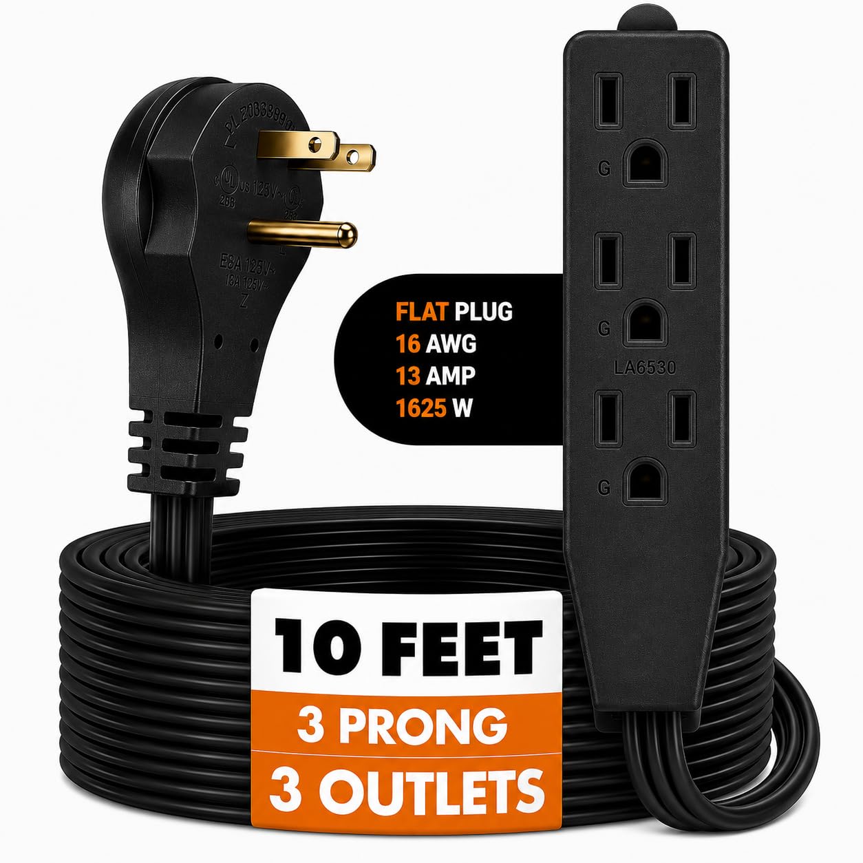 Bindmaster Flat Plug Extension Cord 10 FT Black 3 Outlet 3 Prong