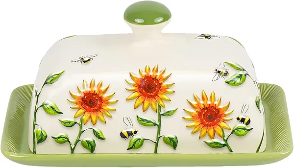 Butter Dish with Lid for Countertop, Sunflower Butter Keeper Holder, 7.5”x4.3” Large Ceramic Butter Tray Storage Sunflower Decor Thanksgiving Christmas Gifts