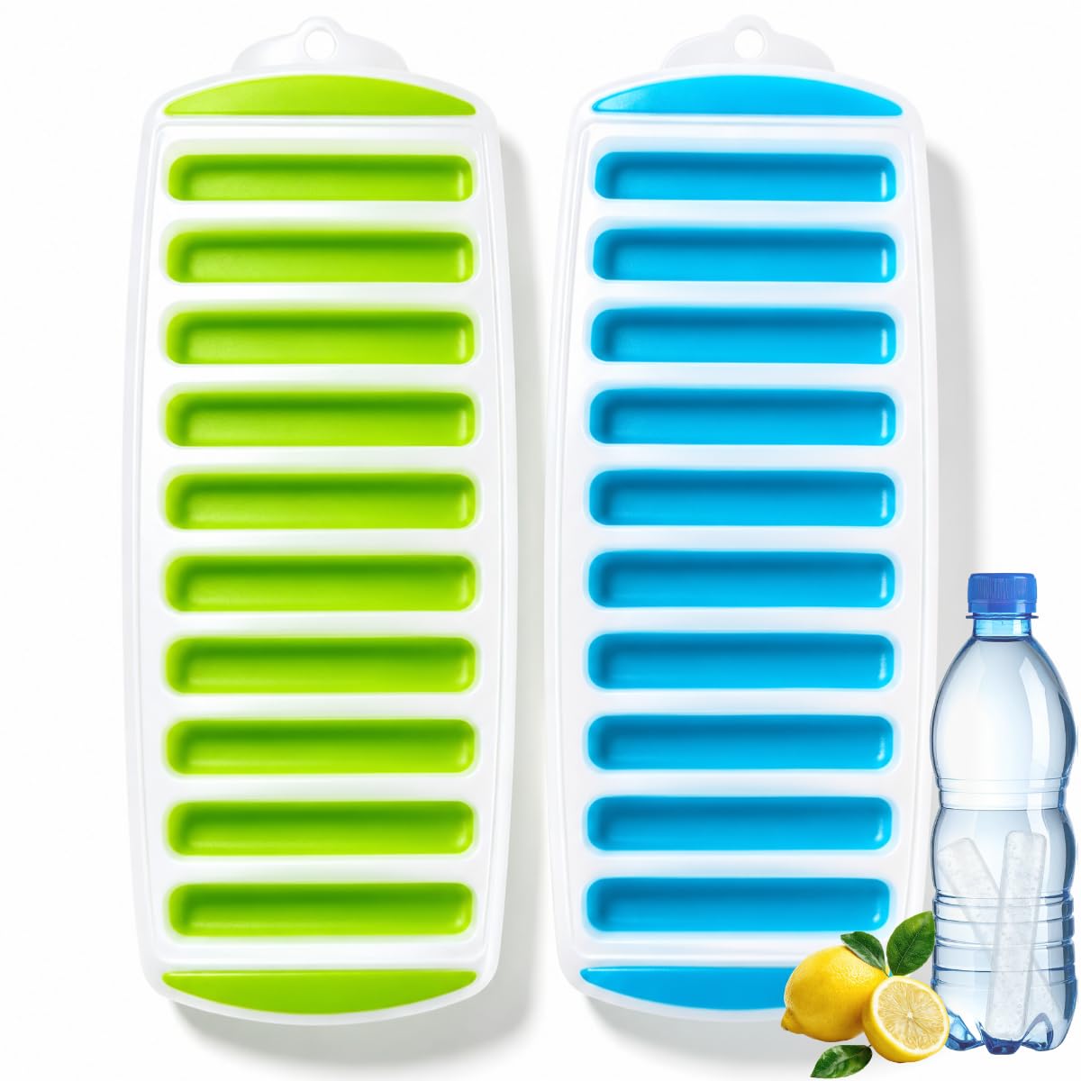 Ice Stick Trays Set of 2 – Silicone Ice Cube Trays for Water Bottles, 10-Cavity Slim Ice Moulds for Whisky, Cocktails & Drinks, Easy Release (Random Colour)