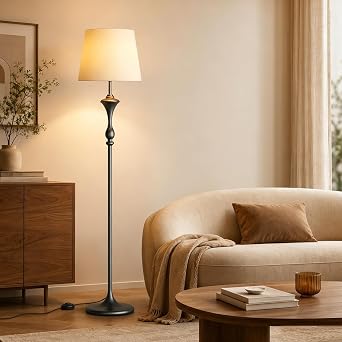 Mid Century Floor Lamp with Fabric Shade E27 Base Traditional Standing Light 3-Color Temperature Dimmable Floor Lighting for Living Room, Bedroom & Home Office ReadingIncluded Bulb