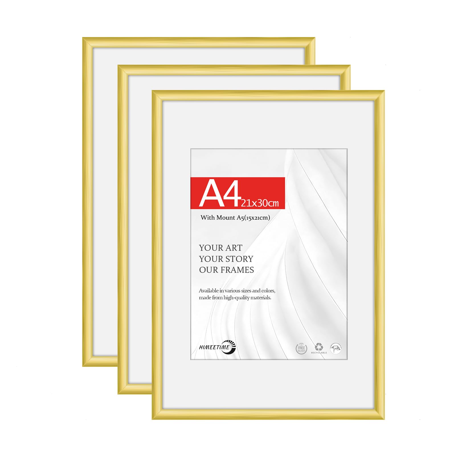 HIMEETIME® 3x A4 21x29.7cm Picture Frames | Gold Matte Aluminum Metal | 21x30cm Certificate Frame with Shatterproof Acrylic Glass | Portrait & Landscape Wall Mount | Slim Profile