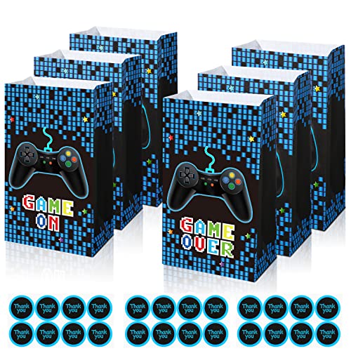 Chrisfall 24 Pack Gamer Party Favor Bags Video Game Supplies Theme Candy Goodie Bag Game on Party Bags with Stickers for Kids Birthday Decorations, 8.66 x 5.12 x 3.15 Inches