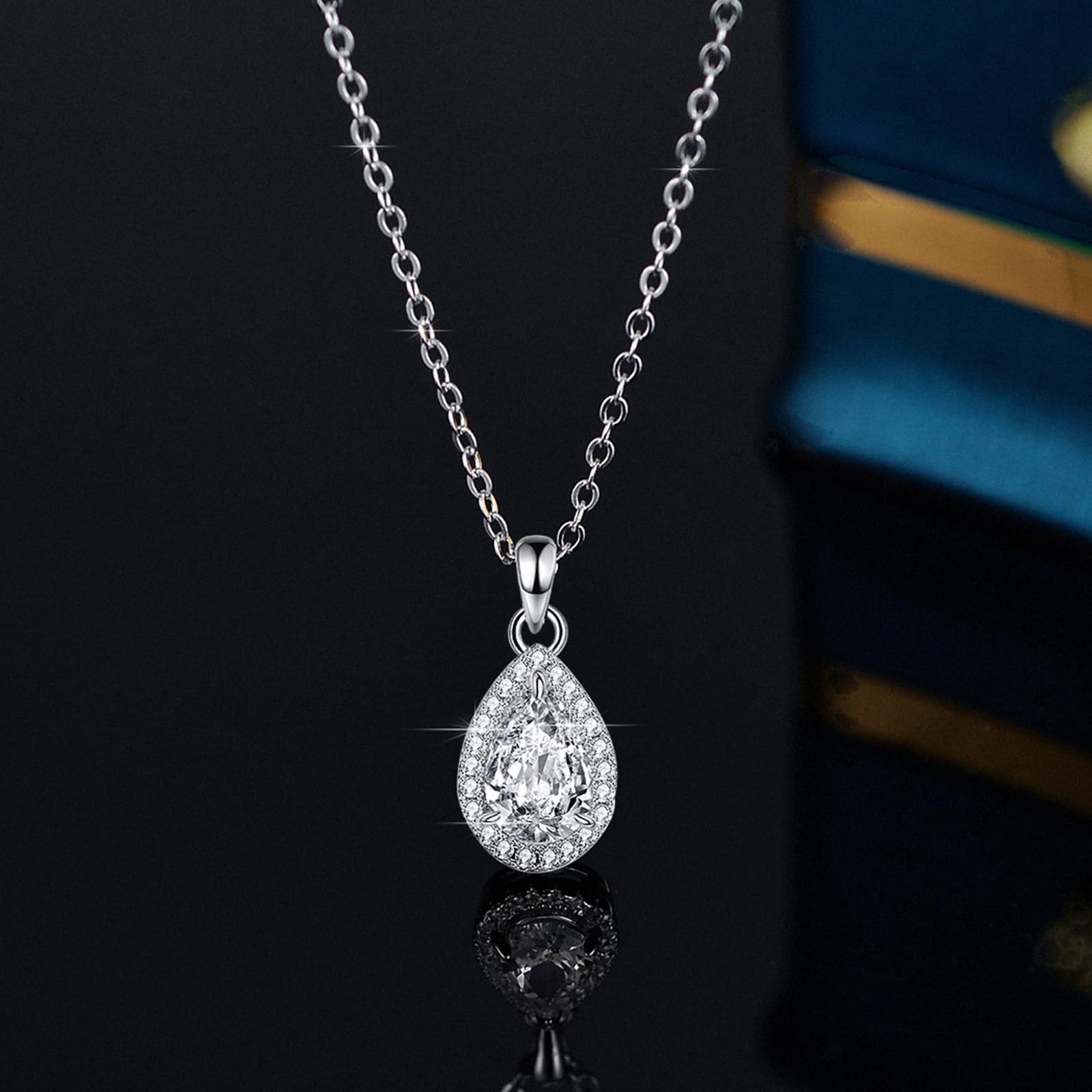 Naszyjnik damski, damski naszyjnik z zawieszką w kształcie kropli z aureolą moissanitu 1 ct/2 ct, 40 + 5 cm