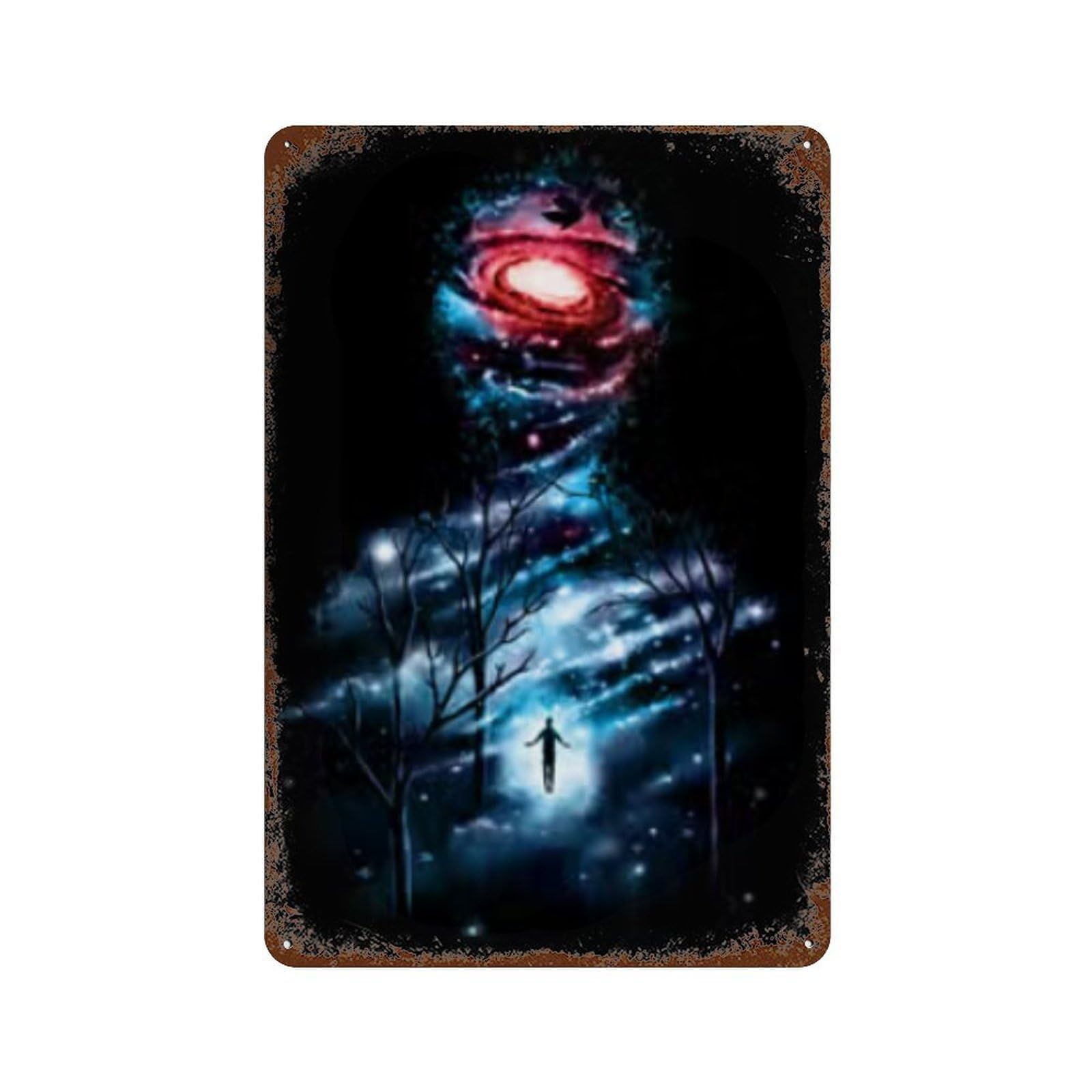 Distressed Metal Wall Sign with Galactic Journey Cosmic Art Print Design 11.8"x7.9", for Cafe, Home Bar And Lounge Decor, Retro Wall Decor